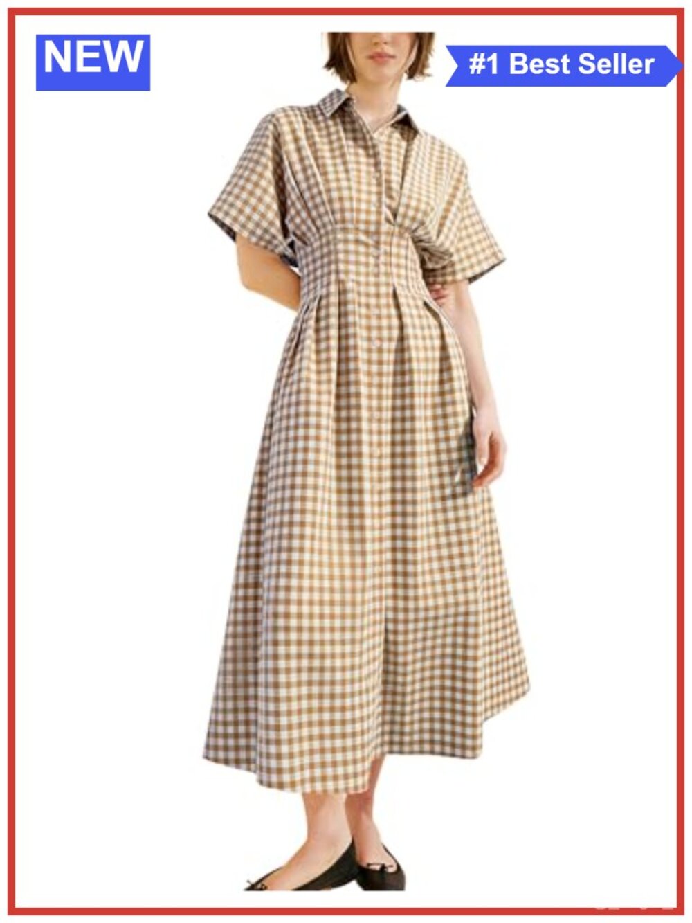 Cotton Plaid Shirt Dress Button Down Pleated Maxi Sundress with Pockets